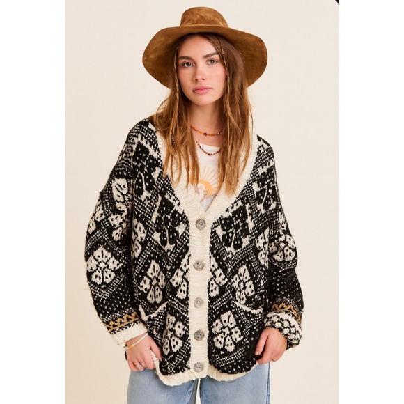 Free People Sasha Black White Boho Knit Cardigan Sweater Button Size Medium - Picture 1 of 14